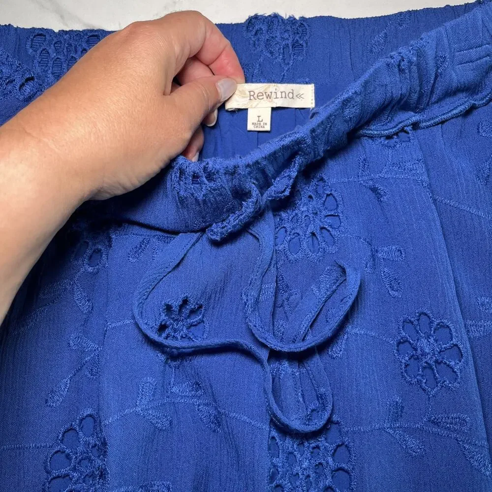 Rewind Womens Size Large Royal Blue Skirt Embroidered Floral Pull On Elastic NEW